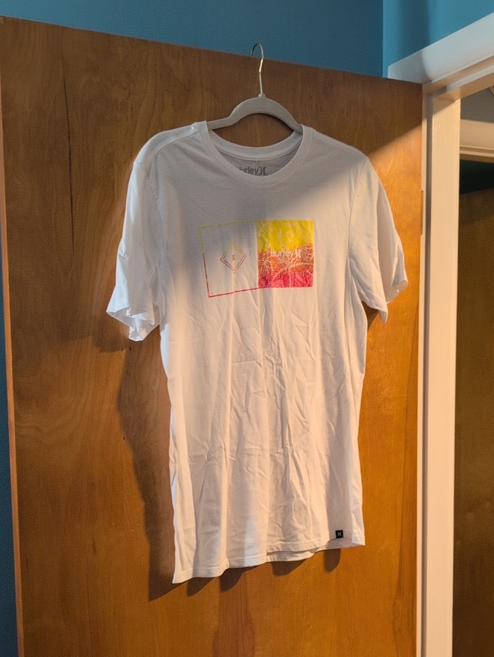 Hurley White Short Sleeve Tee with Yellow and Red Graphic